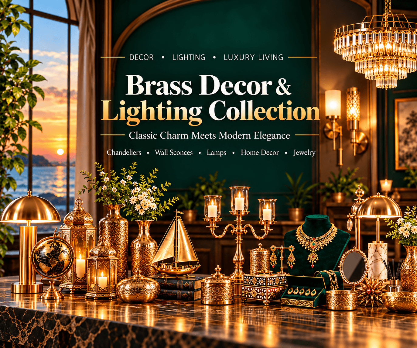 Brass Decor and Lighting Collection — chandeliers, wall sconces, lamps and jewellery